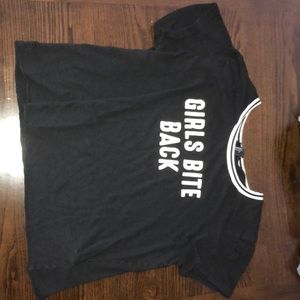Black crop top with writing on he front.